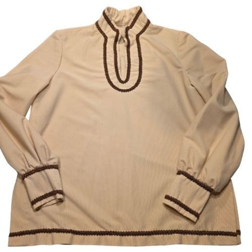 Vintage 70s Beige High Neck Blouse Brown Trim Bishop Sleeve Handmade Top Costume